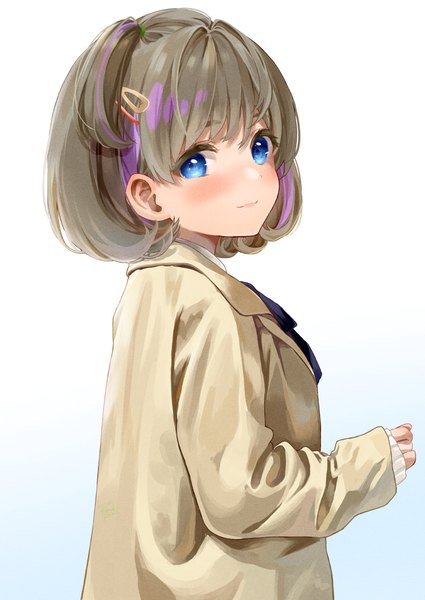 Anime picture 752x1062 with hello!!! love live! sunrise (studio) love live! tang keke hinami riku single tall image looking at viewer blush short hair blue eyes simple background brown hair upper body one side up gradient background turning head girl hairclip bobby pin