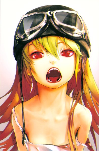 Anime picture 2745x4189 with bakemonogatari shaft (studio) monogatari (series) oshino shinobu redjuice single long hair tall image looking at viewer fringe highres open mouth simple background blonde hair red eyes white background bare shoulders teeth fang (fangs) close-up