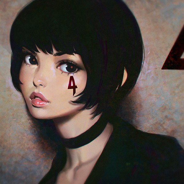 Anime picture 900x900 with original ilya kuvshinov single looking at viewer fringe short hair black hair parted lips lips black eyes realistic tattoo facial mark girl choker wall number (numbers) origami