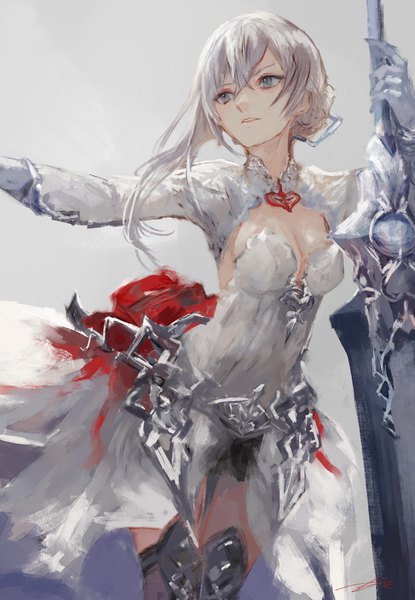 Anime picture 1410x2039 with sinoalice snow white (sinoalice) kouzuki kei single long hair tall image fringe simple background hair between eyes looking away cleavage silver hair grey background grey eyes outstretched arm girl dress weapon sword white dress