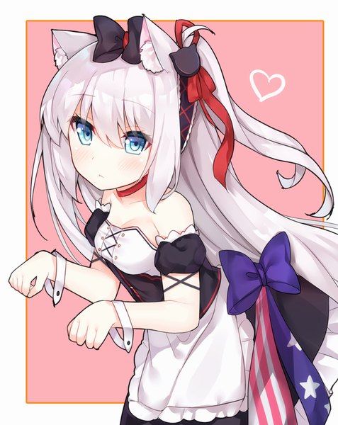 Anime picture 700x880 with azur lane hammann (azur lane) tengxiang lingnai single long hair tall image looking at viewer blush fringe blue eyes hair between eyes standing animal ears silver hair cat ears off shoulder short sleeves maid cat girl puffy sleeves