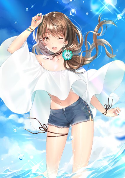 Anime picture 1767x2500 with original kagachi saku single long hair tall image looking at viewer blush fringe highres open mouth smile brown hair standing bare shoulders brown eyes signed payot sky cloud (clouds) outdoors