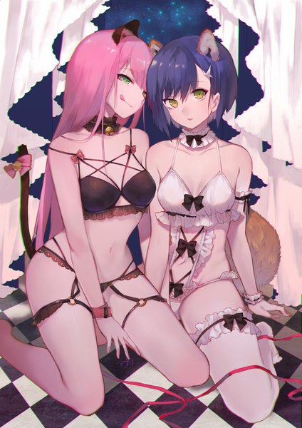 Anime picture 2480x3508 with darling in the franxx studio trigger zero two (darling in the franxx) ichigo (darling in the franxx) slyvia long hair tall image looking at viewer fringe highres short hair breasts light erotic hair between eyes multiple girls green eyes signed animal ears blue hair pink hair