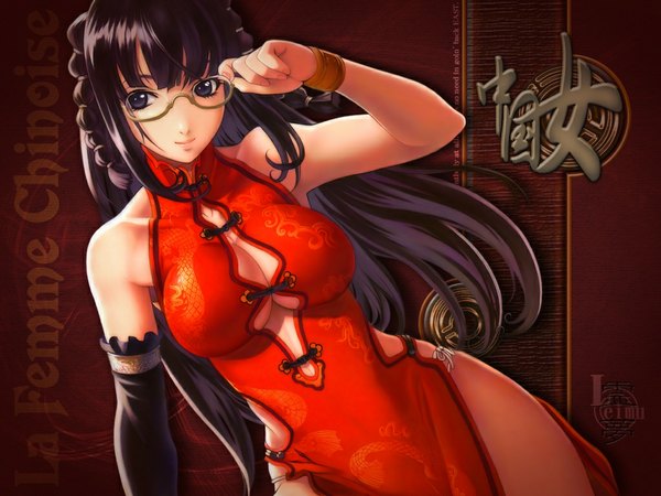 Anime picture 1024x768 with light erotic black hair chinese clothes glasses bracelet chinese dress