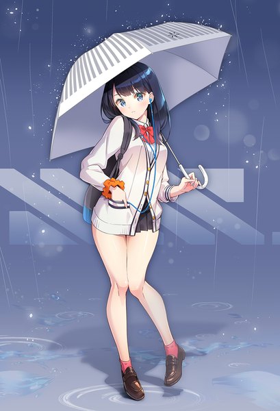 Anime picture 1000x1468 with gridman universe ssss.gridman studio trigger takarada rikka suishougensou single long hair tall image looking at viewer blush fringe blue eyes black hair standing holding full body pleated skirt standing on one leg rain hand in pocket
