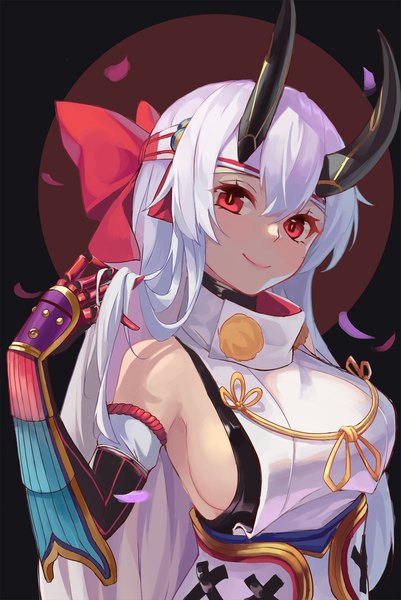 Anime-Bild 1500x2244 mit fate (series) fate/grand order tomoe gozen (fate) loading (vkjim0610) single long hair tall image looking at viewer blush fringe breasts light erotic simple background smile hair between eyes red eyes silver hair upper body horn (horns) sideboob