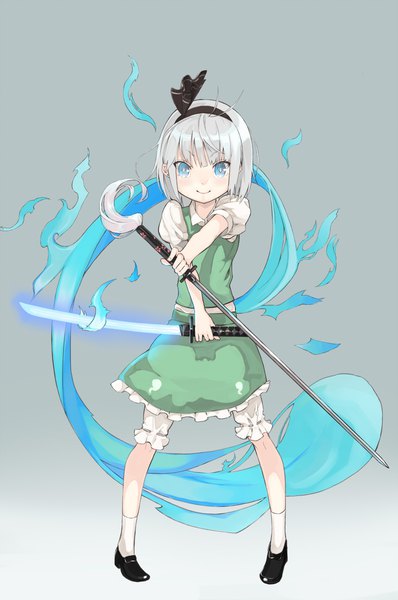 Anime picture 1129x1700 with touhou konpaku youmu myon mugcup single tall image looking at viewer short hair blue eyes simple background smile standing holding silver hair full body grey background short sleeves puffy sleeves gradient background glowing