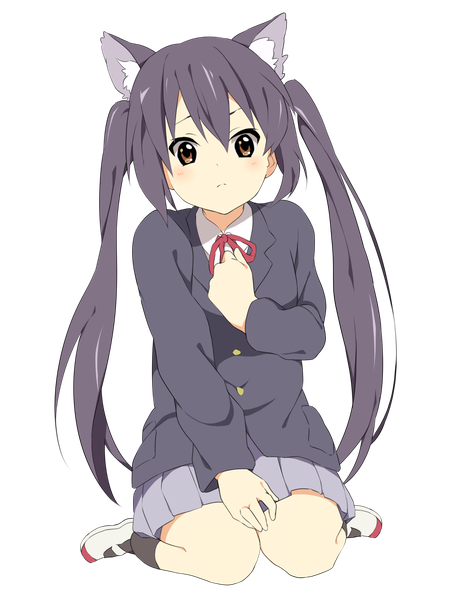 Anime picture 1200x1600 with k-on! kyoto animation nakano azusa aya (aya311neko-nyanyanya) single long hair tall image looking at viewer blush fringe hair between eyes sitting twintails brown eyes animal ears purple hair full body pleated skirt cat ears hand on chest