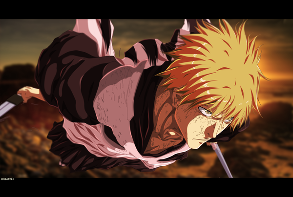 Anime picture 3300x2222 with bleach studio pierrot kurosaki ichigo joezart63 single highres short hair holding brown eyes absurdres sky traditional clothes japanese clothes orange hair coloring letterboxed dual wielding boy weapon sword