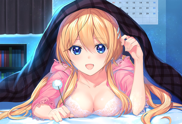 Anime picture 1920x1314 with original mochiko (mochiko3121) single long hair looking at viewer blush fringe highres breasts open mouth blue eyes light erotic blonde hair hair between eyes large breasts twintails holding payot ahoge indoors