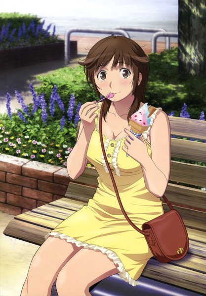 Anime picture 4088x5886 with amagami nyantype sakurai rihoko single tall image looking at viewer blush highres short hair black hair sitting brown eyes absurdres official art eating girl flower (flowers) plant (plants) tree (trees) food