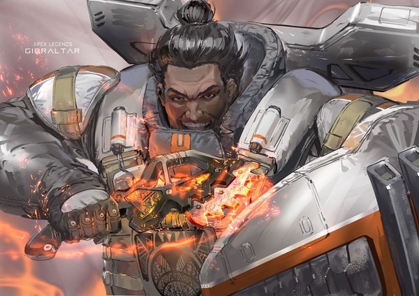 Anime picture 1415x1000 with apex legends gibraltar (apex legends) yoshimoto (dear life) single short hair open mouth black hair upper body hair bun (hair buns) copyright name character names dark skin glowing boy weapon armor