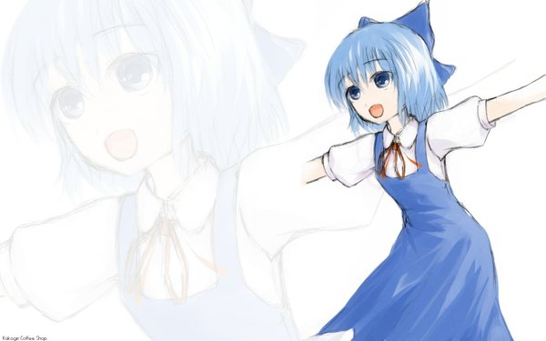 Anime picture 1920x1200 with touhou cirno highres open mouth blue eyes wide image blue hair spread arms zoom layer girl bow hair bow