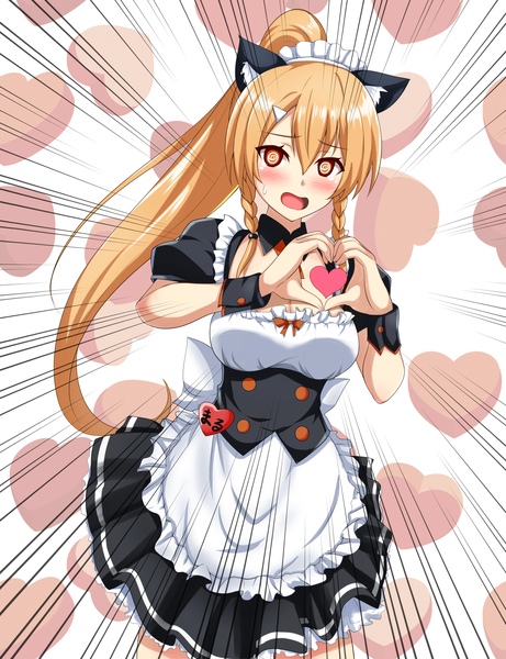 Anime picture 2000x2600 with tenka hyakken kijinmaru kunishige (tenka hyakken) nagishy single tall image looking at viewer blush fringe highres breasts open mouth hair between eyes brown hair large breasts animal ears ponytail braid (braids) cat ears short sleeves maid