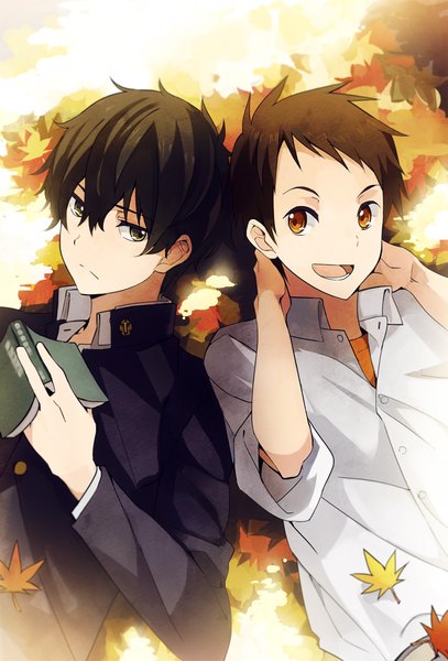 Anime picture 678x1000 with hyouka kyoto animation oreki houtarou fukube satoshi takerusilt tall image fringe short hair open mouth black hair hair between eyes brown hair brown eyes green eyes looking away lying from above multiple boys open collar twisty sleeves