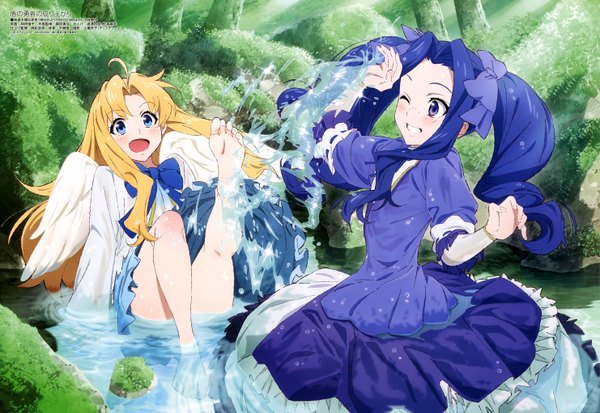 Anime picture 5926x4081 with tate no yuusha no nariagari megami magazine firo (tate no yuusha no nariagari) melty melromarc wada shinpei long hair blush highres open mouth blue eyes blonde hair smile purple eyes twintails multiple girls blue hair absurdres ahoge scan official art