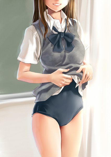 Anime picture 636x900 with original katahira masashi single long hair tall image light erotic smile brown hair indoors head out of frame girl swimsuit shirt one-piece swimsuit vest sweater vest blackboard