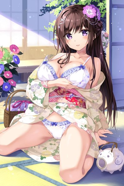 Anime picture 758x1138 with original oryou single long hair tall image looking at viewer blush fringe breasts open mouth light erotic smile hair between eyes brown hair large breasts purple eyes payot cleavage indoors traditional clothes