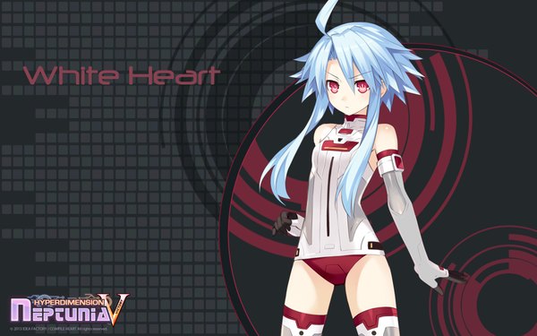 Anime picture 1920x1200 with kami jigen game neptune v blanc white heart single looking at viewer highres short hair light erotic red eyes wide image blue hair ahoge wallpaper flat chest girl gloves elbow gloves bodysuit