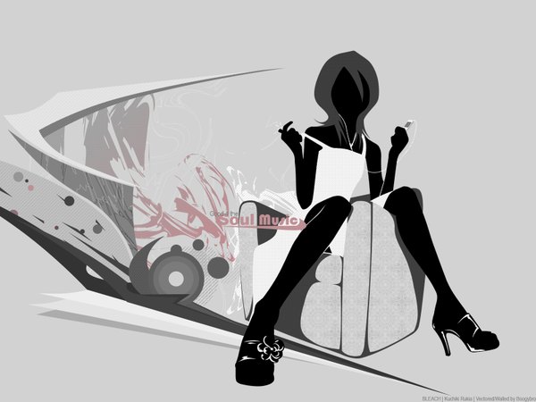 Anime picture 1600x1200 with bleach studio pierrot ipod kuchiki rukia grey background monochrome silhouette music