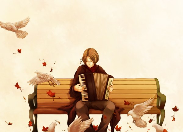 Anime picture 2000x1452 with axis powers hetalia studio deen canada (hetalia) dossei highres brown hair white background eyes closed flying boy animal bird (birds) leaf (leaves) pants coat bench accordion