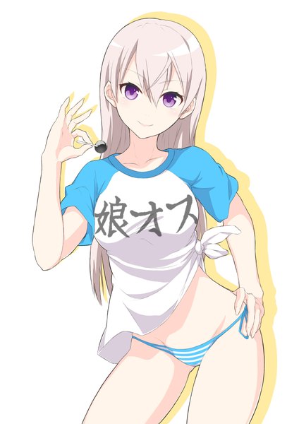 Anime picture 1446x2046 with strike witches eila ilmatar juutilainen ashuku single long hair tall image looking at viewer light erotic simple background smile white background purple eyes silver hair shadow hand on hip clothes writing raglan sleeves girl underwear panties