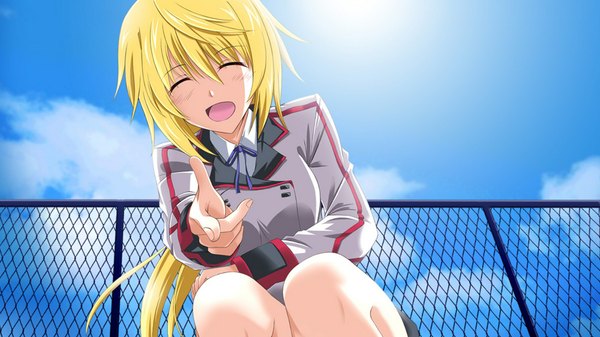 Anime picture 1920x1080 with infinite stratos 8bit charles dunois single long hair blush highres open mouth blonde hair wide image sitting sky cloud (clouds) eyes closed pointing girl uniform school uniform