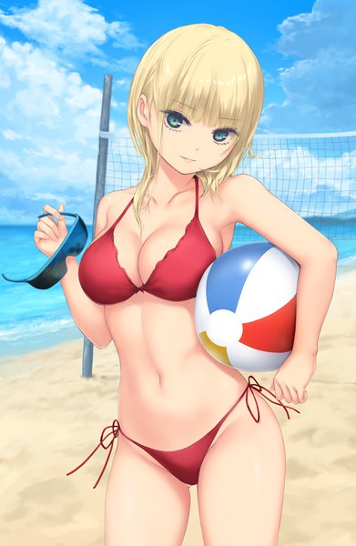 Anime picture 1303x2000 with original mele retanagua coffee-kizoku single long hair tall image looking at viewer fringe breasts light erotic blonde hair large breasts standing holding green eyes sky cleavage cloud (clouds) outdoors blunt bangs