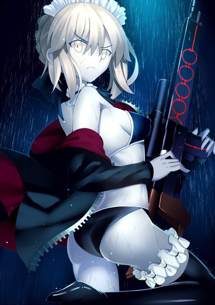 Anime picture 900x1273 with fate (series) fate/grand order artoria pendragon (all) artoria pendragon (alter swimsuit rider) (fate) paperfinger single tall image looking at viewer fringe short hair light erotic blonde hair hair between eyes yellow eyes ass off shoulder sideboob rain serious girl