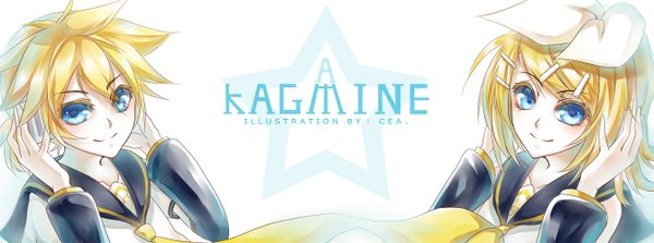 Anime picture 1341x500 with vocaloid kagamine rin kagamine len cea looking at viewer short hair blue eyes simple background blonde hair smile wide image white background signed inscription twins girl boy bow hair bow detached sleeves
