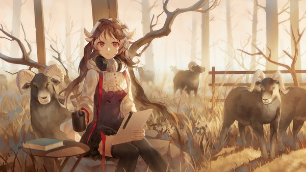 Anime picture 1920x1080 with arknights eyjafjalla (arknights) ji dao ji single long hair looking at viewer fringe highres red eyes brown hair wide image sitting holding animal ears payot outdoors horn (horns) zettai ryouiki fur trim steam