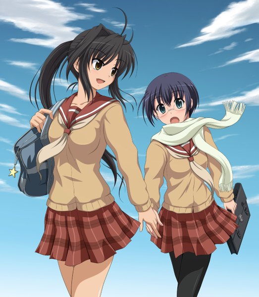 Anime picture 1115x1280 with original shira-nyoro tall image short hair open mouth black hair multiple girls green eyes yellow eyes ponytail holding hands girl uniform 2 girls school uniform glasses serafuku scarf