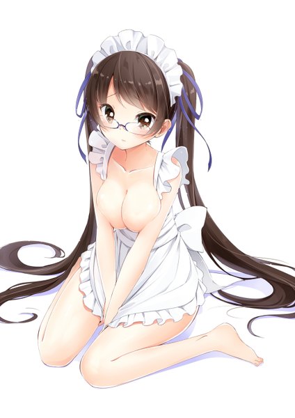 Anime picture 1000x1414 with original hazuki natsu single tall image looking at viewer blush fringe breasts light erotic simple background brown hair large breasts white background sitting twintails brown eyes very long hair barefoot from above no shoes