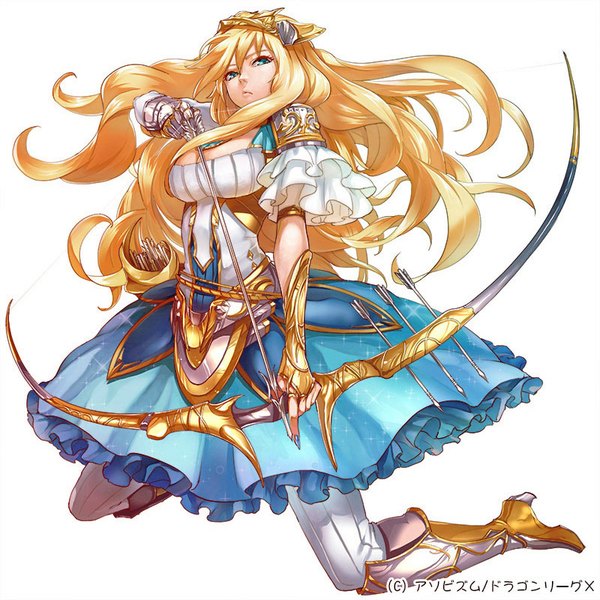 Anime picture 800x800 with dragon league x silver (atelier-tengu) single long hair looking at viewer fringe breasts blue eyes simple background blonde hair hair between eyes large breasts white background cleavage bent knee (knees) high heels kneeling archery girl hair ornament