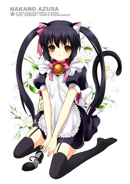 Anime picture 1001x1417 with k-on! kyoto animation nakano azusa juna single long hair tall image looking at viewer black hair twintails brown eyes animal ears tail animal tail cat ears cat girl cat tail girl thighhighs dress