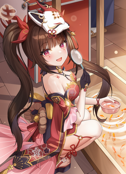 Anime picture 2000x2752 with honkai: star rail honkai (series) sparkle (honkai: star rail) romi (9 romi 7) single long hair tall image looking at viewer blush fringe highres breasts open mouth light erotic smile red eyes brown hair twintails bare shoulders holding