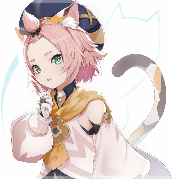 Anime picture 1339x1397 with genshin impact diona (genshin impact) marumoru single tall image looking at viewer short hair white background green eyes animal ears pink hair upper body tail animal tail cat ears cat girl cat tail girl detached sleeves beret
