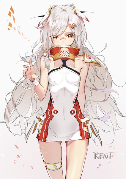 Anime picture 2480x3507 with original kentllaall single long hair tall image looking at viewer highres breasts light erotic simple background brown eyes signed silver hair gradient background ass visible through thighs arm behind back messy hair bandaid on nose girl dress