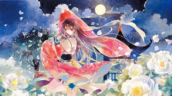 Anime-Bild 1300x731 mit vocaloid vocaloid china yuezheng ling rei (pixiv4656825) single long hair looking at viewer red eyes brown hair wide image standing sky bent knee (knees) outdoors braid (braids) long sleeves traditional clothes night wide sleeves night sky