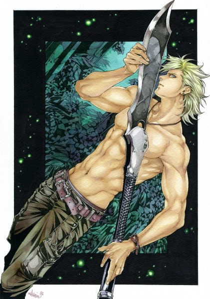 Anime picture 842x1200 with original levin (artist) single tall image looking at viewer short hair blue eyes blonde hair bare shoulders holding profile bare belly muscle traditional media watercolor (medium) boy navel weapon plant (plants) earrings