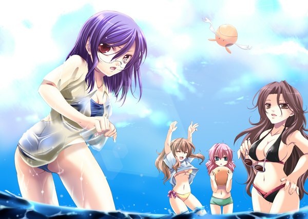 Anime picture 1121x800 with mobile suit gundam mobile suit gundam 00 sunrise (studio) haro tieria erde feldt grace sumeragi lee noriega christina sierra shinolion long hair short hair blue eyes light erotic red eyes brown hair multiple girls brown eyes pink hair purple hair wet