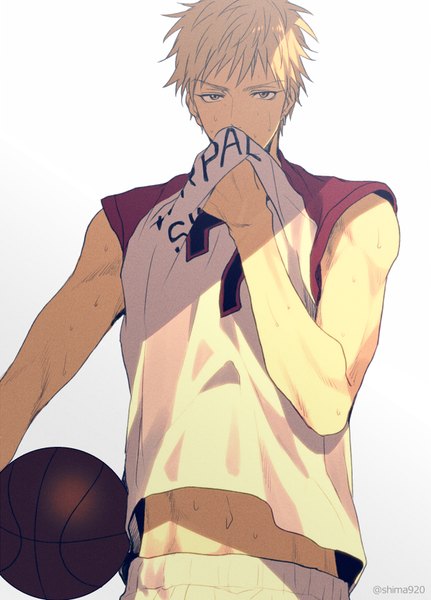 Anime picture 600x834 with kuroko no basket production i.g kise ryouta mashima shima single tall image looking at viewer fringe short hair simple background blonde hair white background signed yellow eyes bare belly sweat piercing ear piercing covered mouth boy