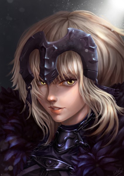 Anime picture 2480x3508 with fate (series) fate/grand order jeanne d'arc (fate) (all) jeanne d'arc alter (fate) sekaizero single long hair tall image looking at viewer fringe highres blonde hair hair between eyes yellow eyes upper body parted lips lips realistic fur trim portrait
