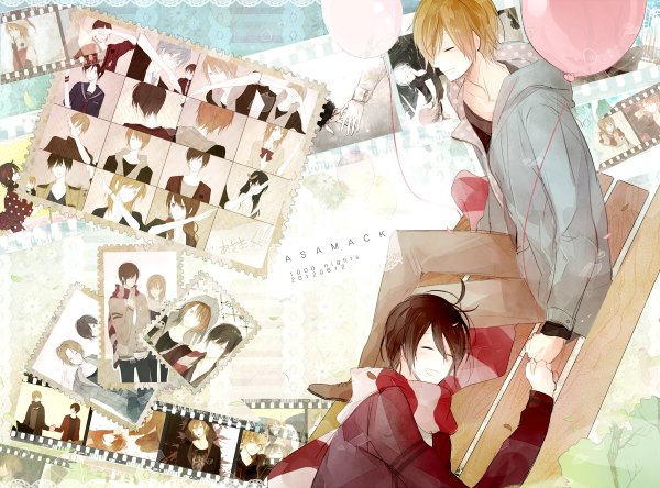 Anime picture 1200x888 with nico nico singer asamaru (pointfive) jack (pointfive) sincere (artist) short hair blonde hair smile brown hair ahoge eyes closed profile multiple boys holding hands striped ^ ^ multiple persona boy scarf 2 boys balloon