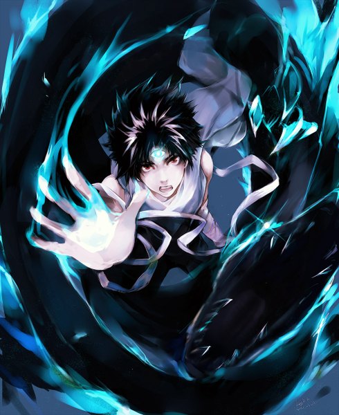 Anime picture 1000x1224 with yu yu hakusho hiei jaganshi lazy c single tall image looking at viewer short hair open mouth black hair red eyes traditional clothes from above teeth outstretched arm magic glowing boy ribbon (ribbons) dragon