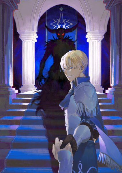 Anime picture 1280x1816 with fire emblem fire emblem: three houses nintendo byleth (fire emblem) dimitri alexandre blaiddyd flatsuke tall image looking at viewer fringe short hair blue eyes blonde hair smile hair between eyes standing grin holding hands pov demon boy
