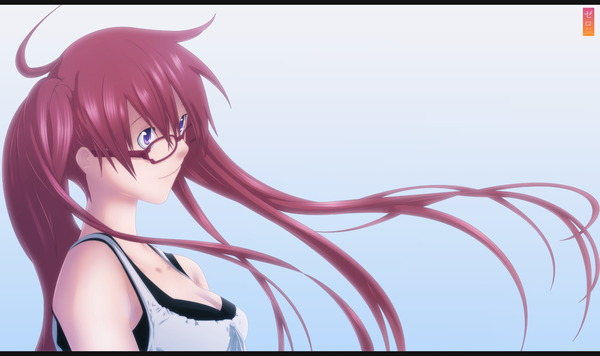 Anime picture 1500x891 with air gear toei animation noyamano ringo zeroooart single long hair simple background smile wide image twintails ahoge red hair pink eyes coloring girl dress glasses