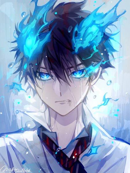 Anime picture 600x800 with ao no exorcist a-1 pictures okumura rin matsunaka hiro single tall image looking at viewer fringe short hair blue eyes black hair hair between eyes signed pointy ears tears glowing dated portrait glowing eye (eyes) boy