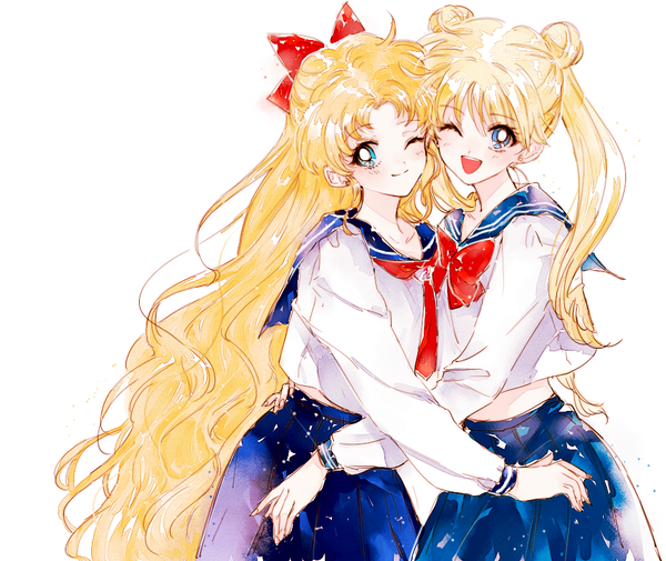 Anime picture 949x800 with bishoujo senshi sailor moon toei animation tsukino usagi aino minako ahma long hair looking at viewer blush open mouth blue eyes simple background blonde hair smile white background twintails multiple girls very long hair pleated skirt one eye closed aqua eyes