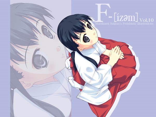 Anime picture 1600x1200 with f-ism murakami suigun single long hair blush black hair traditional clothes japanese clothes from above wallpaper low ponytail miko zoom layer girl socks hakama tabi